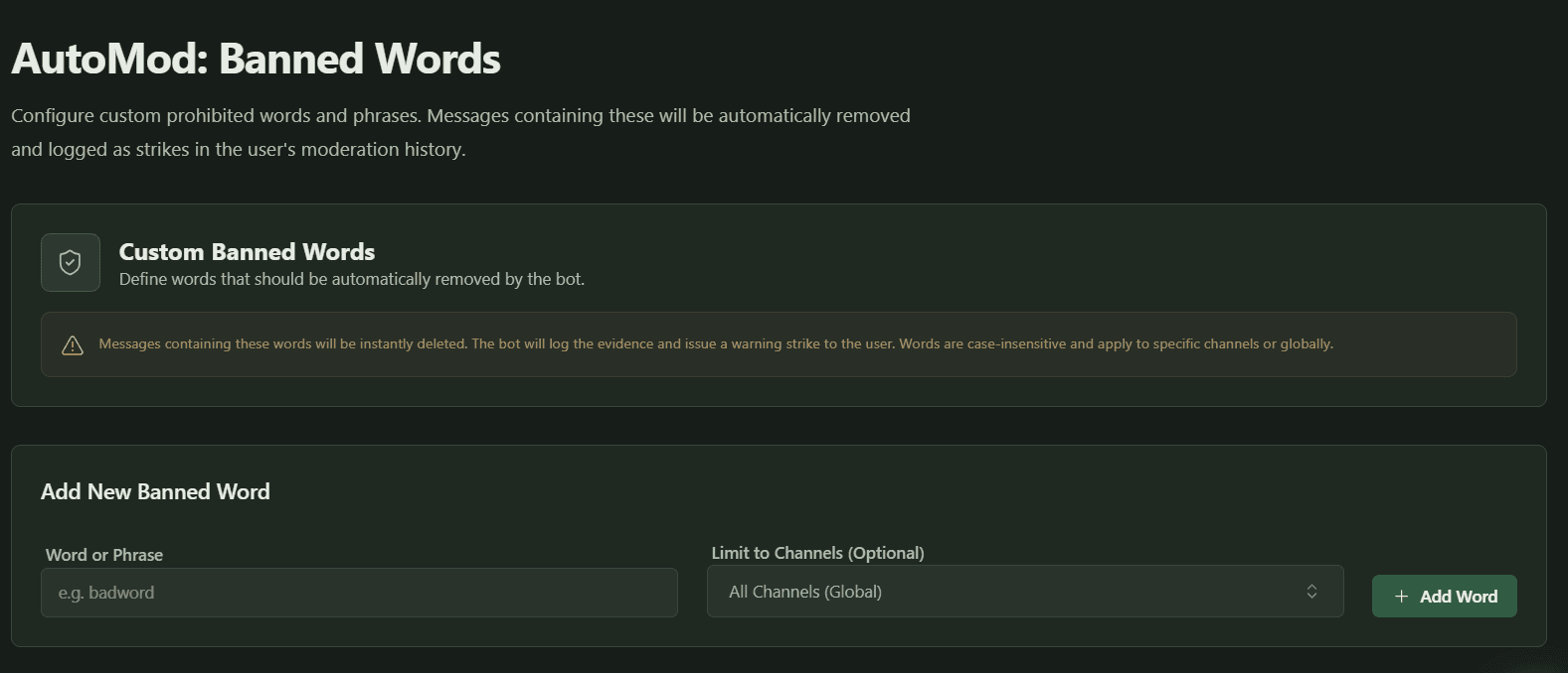 Akbash AutoMod page showing channel-scoped banned-word controls